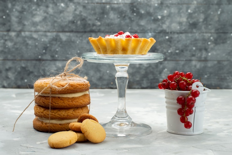 Foto gratuito vista frontale piccola d torte con biscotti alla crema e mirtilli rossi sulla frutta dolce superficie leggera