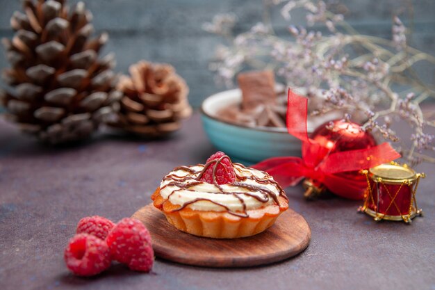 Vista frontale piccola torta cremosa dessert per il tè su sfondo scuro torta biscotto dolce dessert torta biscotto