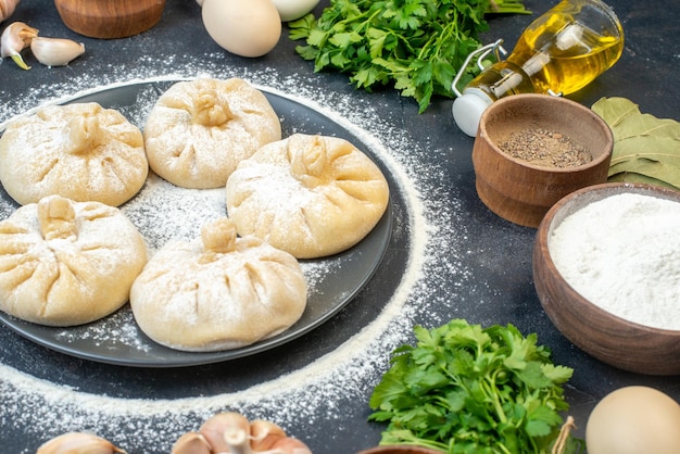 Vista frontale piccoli gnocchi crudi con ingredienti diversi su sfondo grigio torta di cibo cucinare una gustosa pasta color farina cuocere