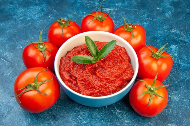 Vista frontale pomodori freschi con concentrato di pomodoro su insalata blu albero rosso colore vegetale cibo maturo