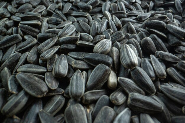 Vista frontale semi di girasole neri molti olio per film snack alle noci