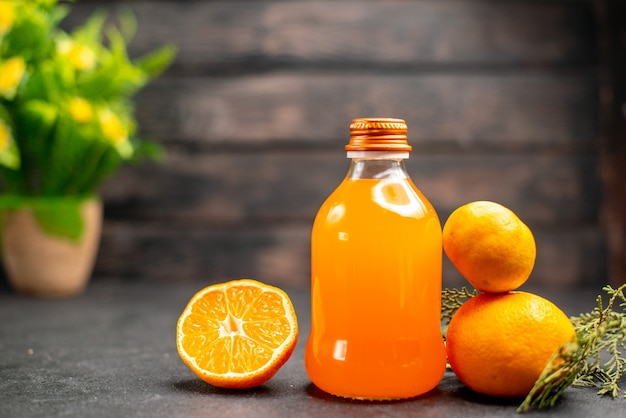Vista frontale succo d'arancia pianta in vaso di arancia e mandarino