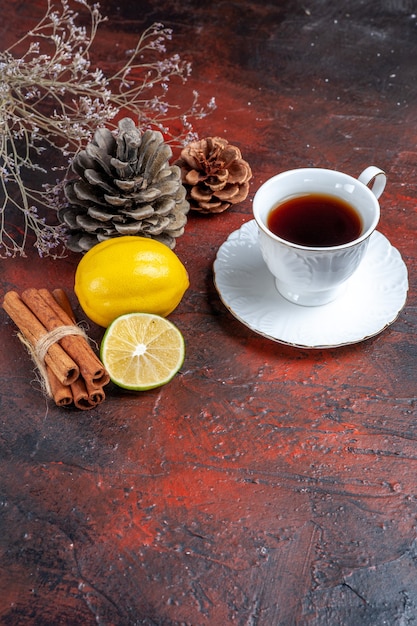 Vista frontale tazza di tè con limone e cannella su sfondo scuro