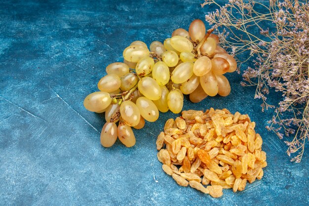 Vista frontale uva fresca con uvetta su un succo di frutta vino di frutta a colori blu