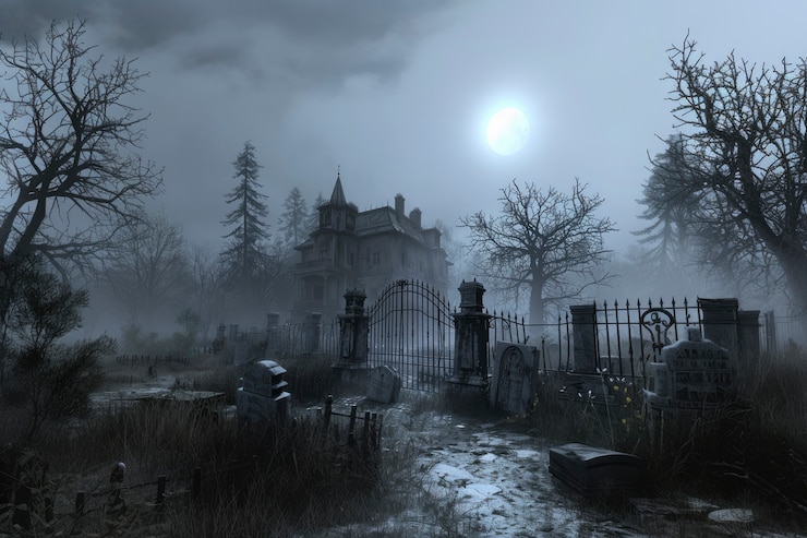 Foto gratuito vista in stile cinematografico di una casa infestata con un'estetica spettrale