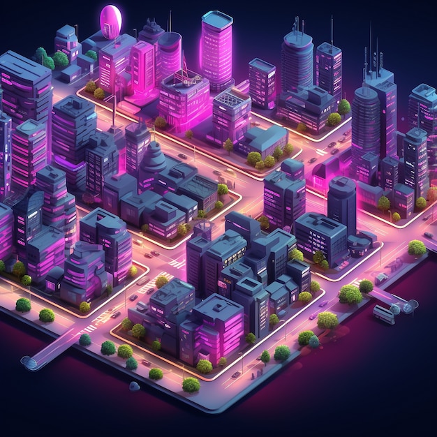 Vista isometrica sul rendering 3d della città al neon