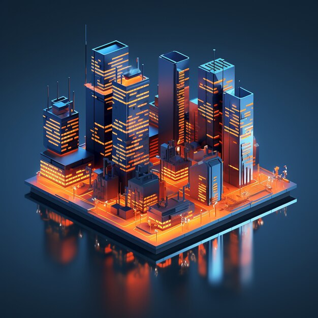 Vista isometrica sul rendering 3d della città al neon