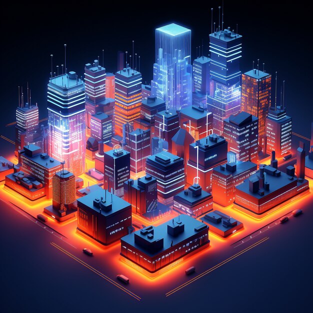 Vista isometrica sul rendering 3d della città al neon