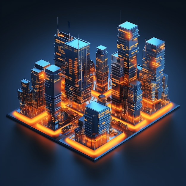 Vista isometrica sul rendering 3d della città al neon