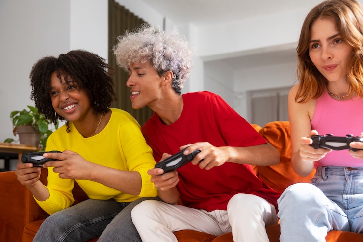 Foto gratuito vista laterale degli amici che giocano ai videogiochi