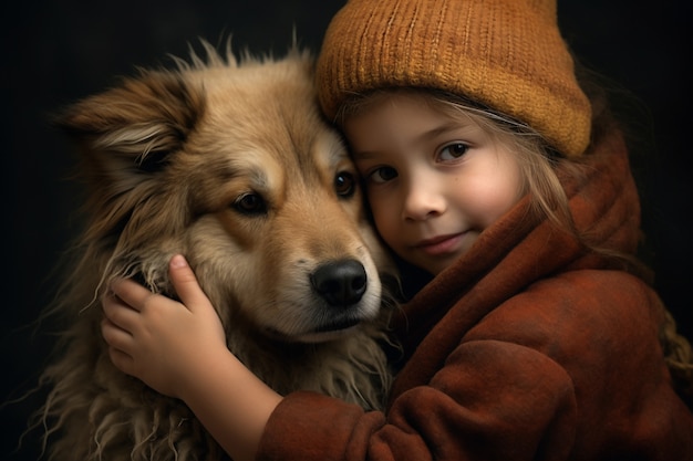 Vista laterale del bambino che tiene il cane