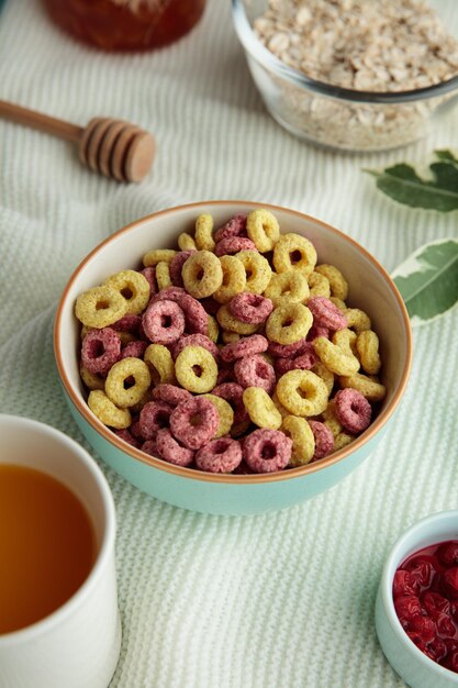 Vista laterale della ciotola di cereali con avena succo d'arancia marmellata di ribes rosso intorno su sfondo bianco