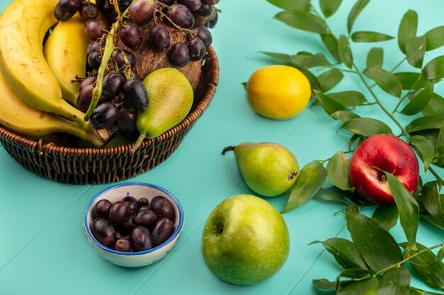 Vista laterale della frutta come pera uva banana nel cestino e mela pesca limone ciotola di acini d'uva con foglie su sfondo blu