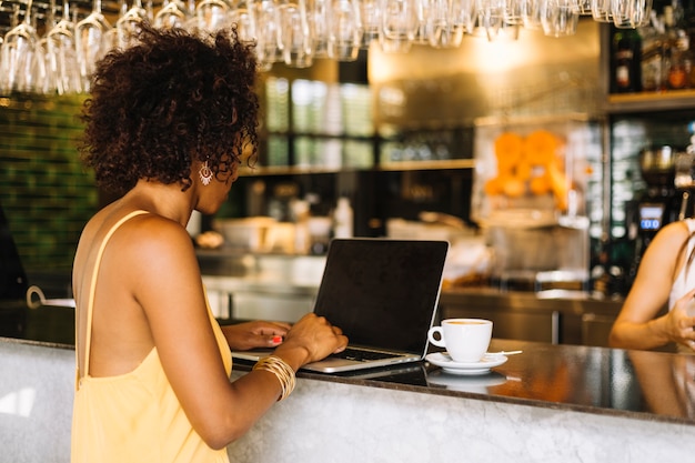 Vista laterale della giovane donna che utilizza computer portatile al contatore della barra