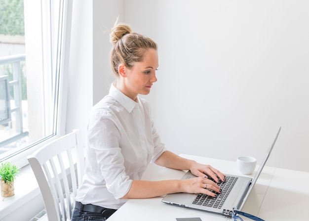 Vista laterale della giovane donna sicura che per mezzo del computer portatile