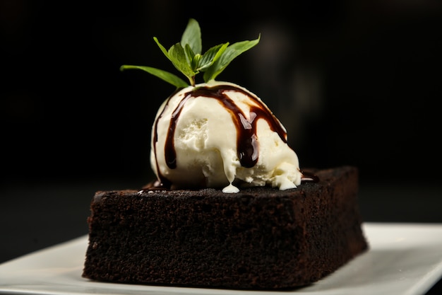 Vista laterale della polvere di zucchero alla menta del gelato al cioccolato del brownie