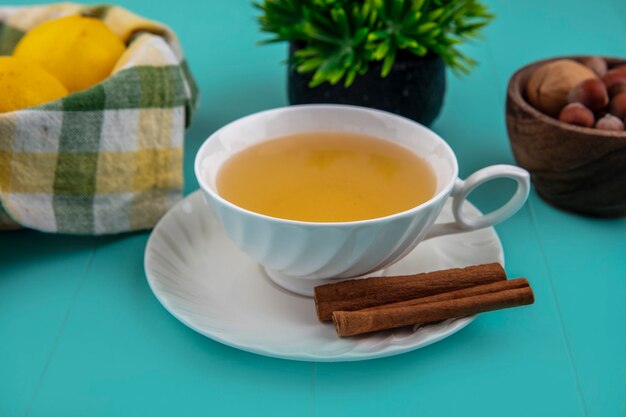 Vista laterale della tazza di toddy caldo con cannella sul piattino e limoni con noci su sfondo blu