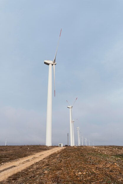 Vista laterale di molte turbine eoliche nel campo che genera energia