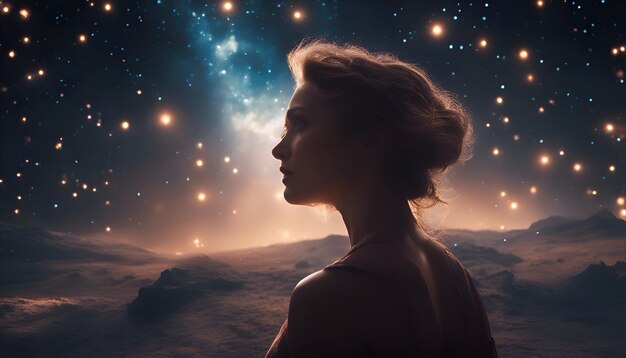 Vista laterale di una giovane donna con gli occhi chiusi sullo sfondo del cielo notturno con le stelle
