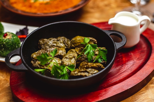 Vista laterale dolma foglie di vite ripiene con carne macinata cipolla e verdure