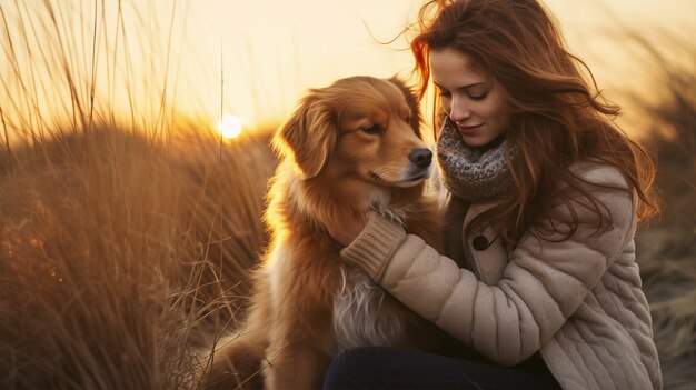 Vista laterale donna che tiene il cane