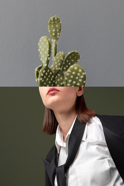 Vista laterale donna con collage di cactus