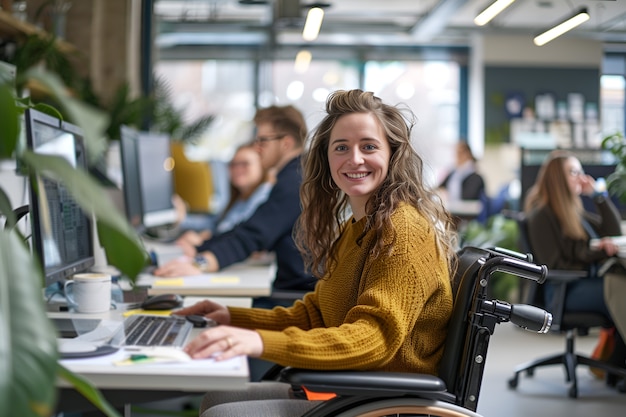 Vista laterale donna in sedia a rotelle al lavoro