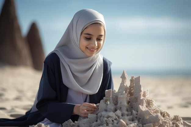 Vista laterale donna islamica sulla spiaggia