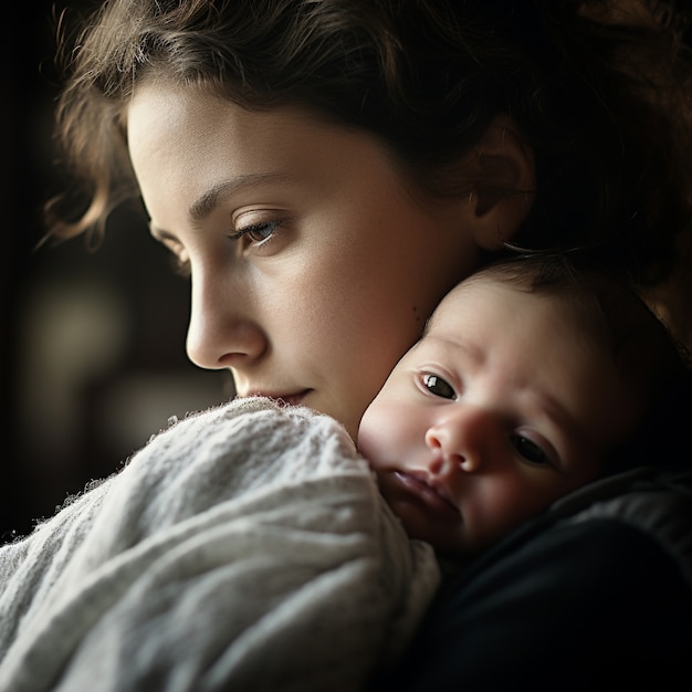 Vista laterale madre felice che tiene il bambino