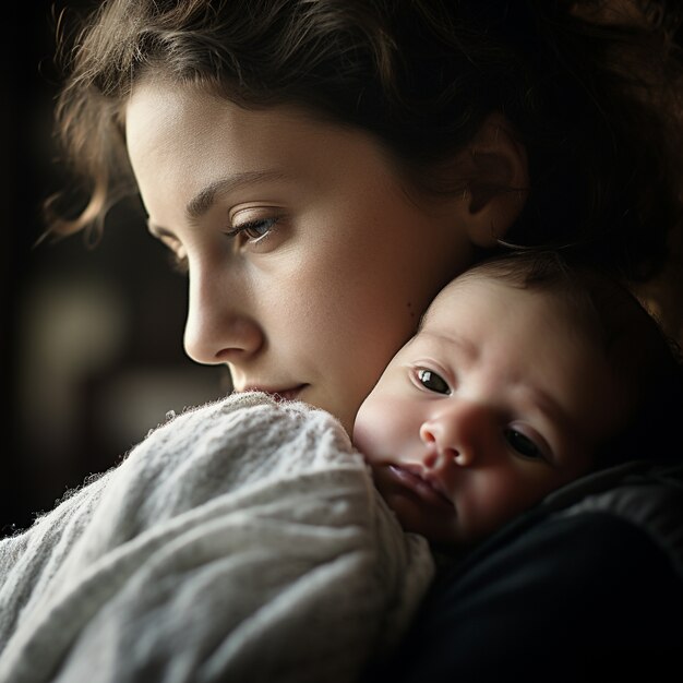 Vista laterale madre felice che tiene il bambino