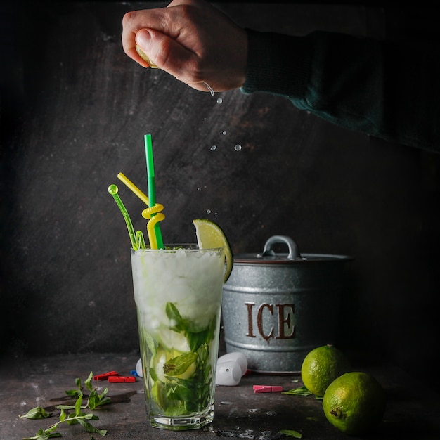 Vista laterale mojito cocktail con menta, lime, ghiaccio, secchiello del ghiaccio