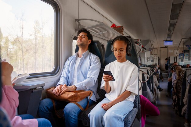 Vista laterale persone che viaggiano in treno