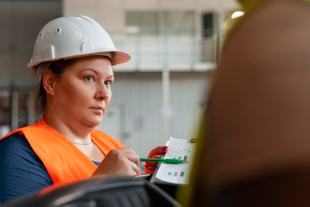 Vista laterale persone di taglia grande che lavorano nel settore edile