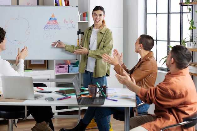 Vista laterale persone felici che applaudono collega