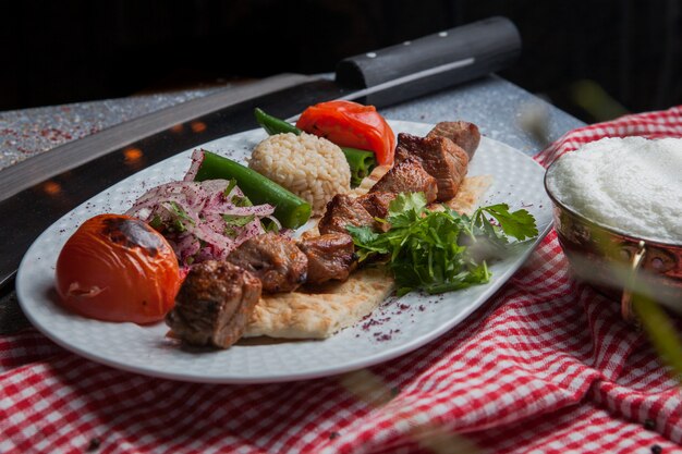 Vista laterale shish kebab con verdure fritte e cipolla tritata e ayran e coltello nel piatto bianco