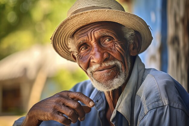 Vista laterale uomo anziano con forti caratteristiche etniche