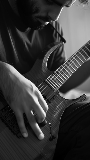 Vista monocromatica di una persona che suona la chitarra elettrica