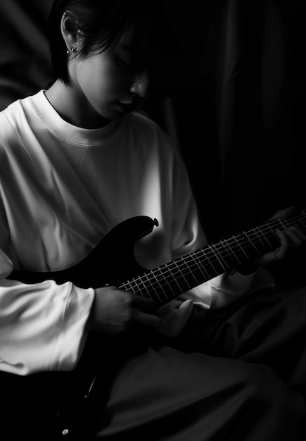 Vista monocromatica di una persona che suona la chitarra elettrica