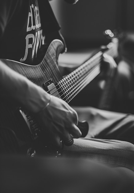 Vista monocromatica di una persona che suona la chitarra elettrica