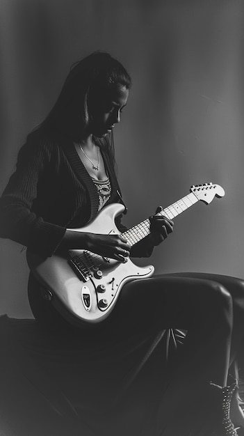 Vista monocromatica di una persona che suona la chitarra elettrica