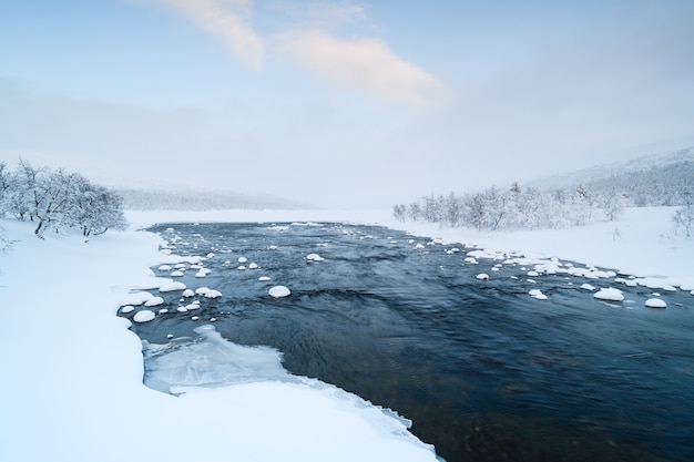 Vista panoramica del fiume invernale Grovlan con alberi coperti di neve nella provincia di Dalarna, Svezia
