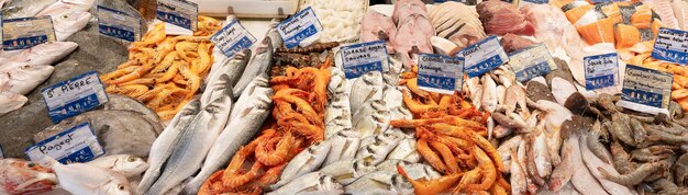 Vista panoramica della bancarella del pesce nel mercato di Sanarysurmer