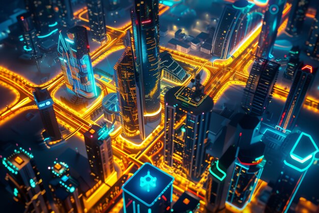 Vista panoramica della città di Dubai illuminata in uno spettro al neon