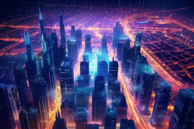 Vista panoramica della città di Dubai illuminata in uno spettro al neon