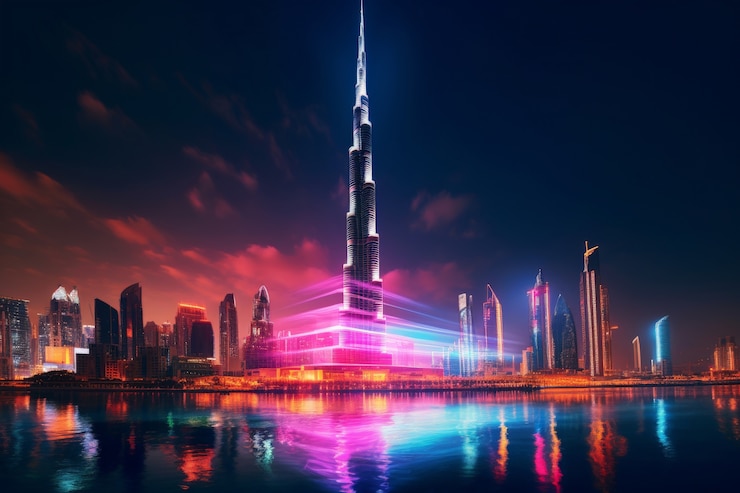Foto gratuito vista panoramica della città di dubai illuminata in uno spettro al neon