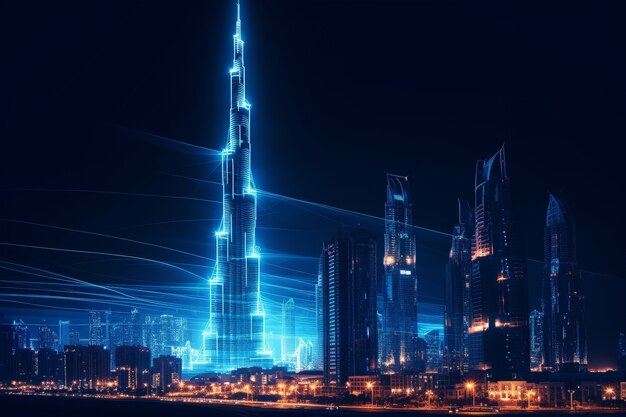 Vista panoramica della città di Dubai illuminata in uno spettro al neon