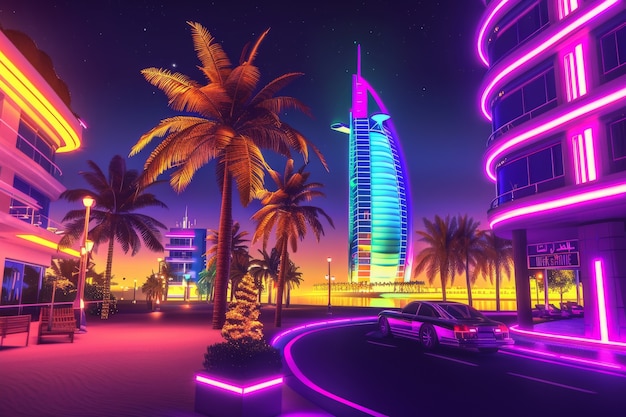 Vista panoramica della città di Dubai illuminata in uno spettro al neon