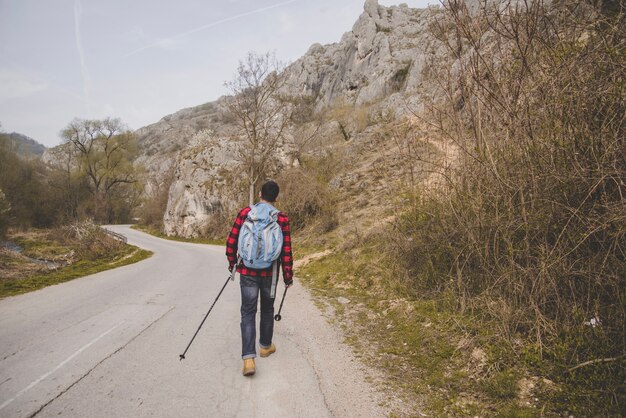 Vista posteriore del viaggiatore che cammina lungo la strada