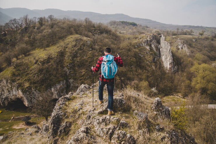 Foto gratuito vista posteriore del viaggiatore godendo della natura