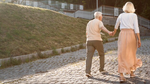 Vista posteriore della coppia senior mano nella mano mentre fuori in città